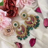 Vriksham Floral Chandbali Earring-Red Green & White-Pearls-Green Beads-J3179